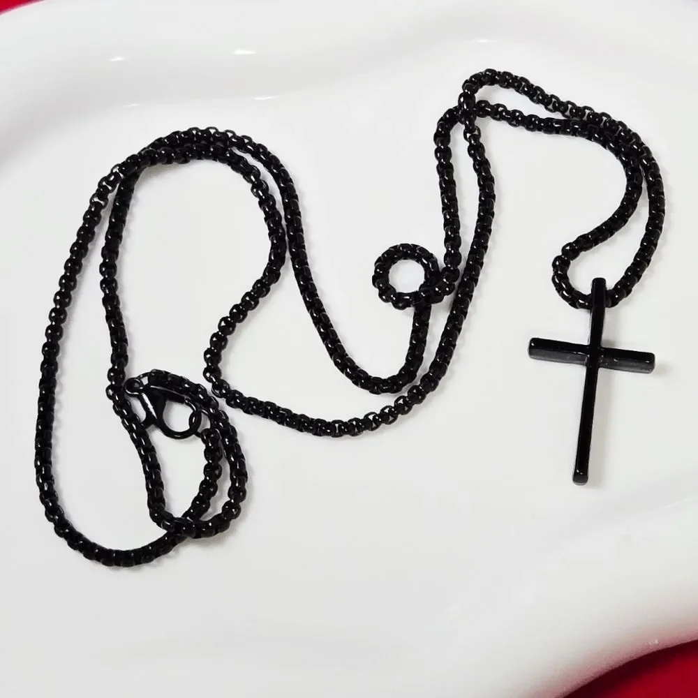 Men’s Black Cross Necklace Bracelet Ring 3pc Set Minimalist Faith Grad Gift NWT